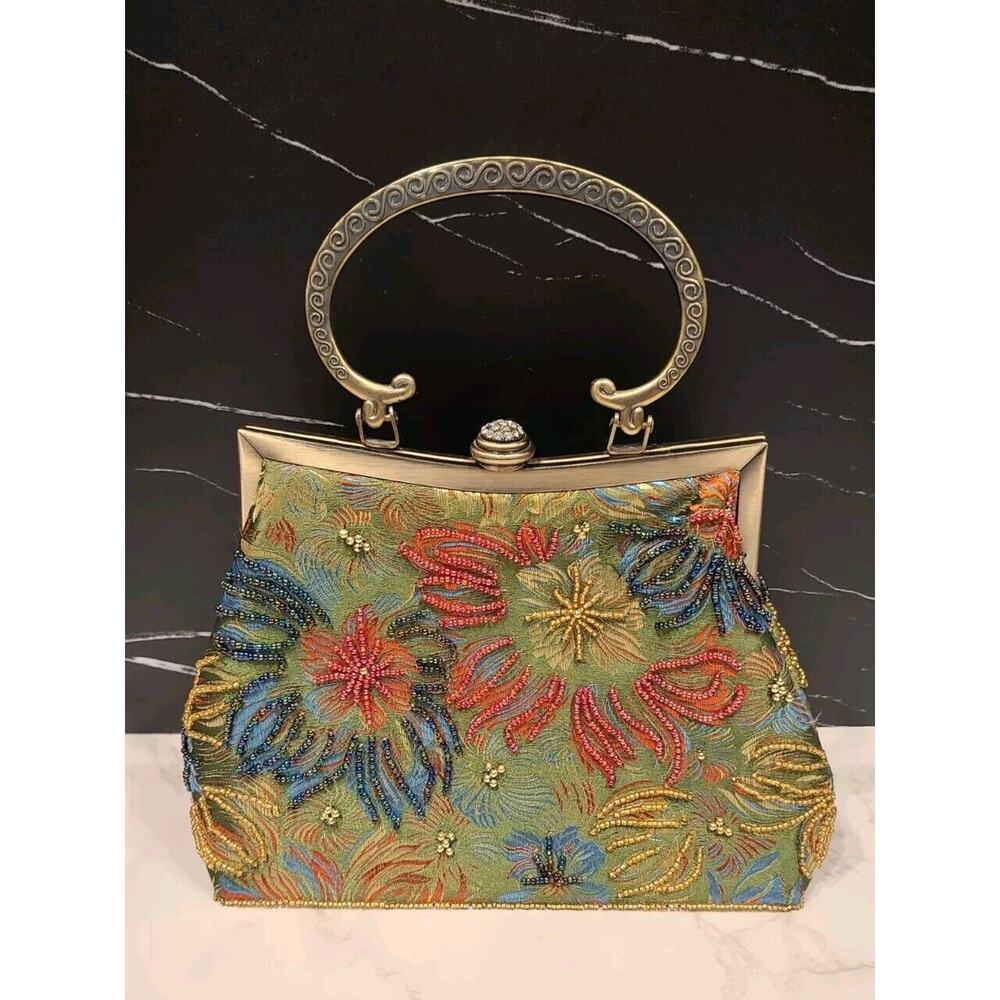 Embroidered Beaded Floral Evening Shoulder Bag - Green
